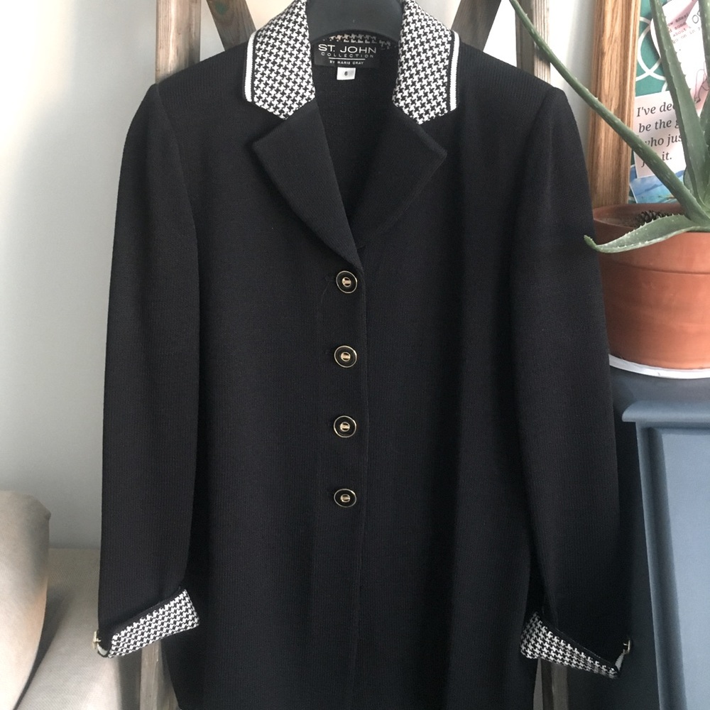 St. John Collection Black Blazer with Houndstooth Accents